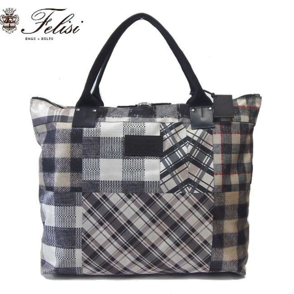 Felisi Tote Bag Plaid Pattern Black White Red